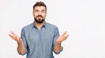 A man with a beard and shirt is making a gesture photo