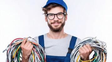 A man in overalls holding a bundle of wires photo