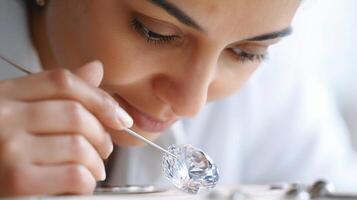 A woman is looking at a diamond with a pair of scissors photo
