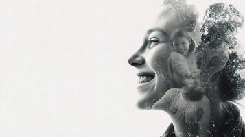 A woman's face is shown with a photo of her family