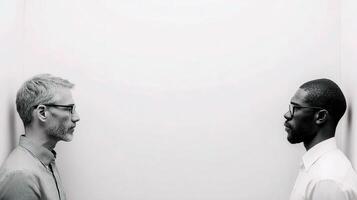 Two men standing in front of a white wall photo