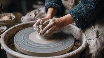 A woman is making a pottery on a potter's wheel photo