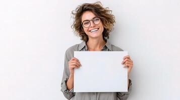 A woman with glasses holding a blank sign photo