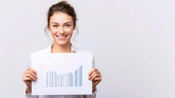 A woman holding up a paper with a graph on it photo