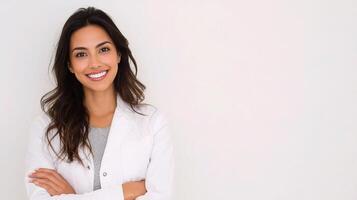 A woman in a white lab coat is smiling photo