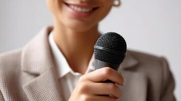 A woman is holding a microphone and smiling photo