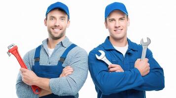 Two men in blue overalls holding wrenets photo