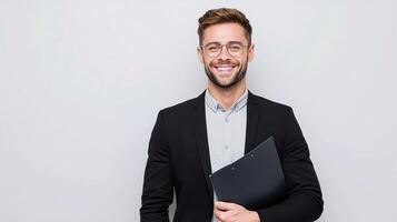 Portrait of a smiling young man holding a folder over white background photo