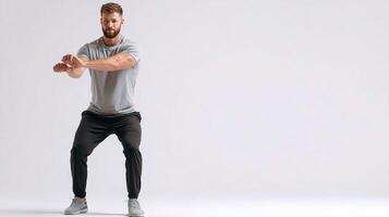 A man is doing a squat exercise on a white background photo