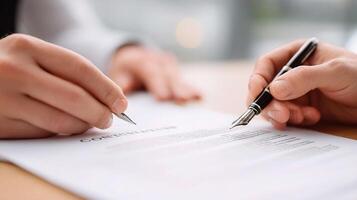Two people signing a contract on a table photo