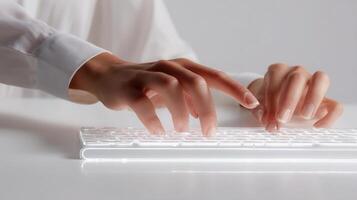 A person typing on a white keyboard photo