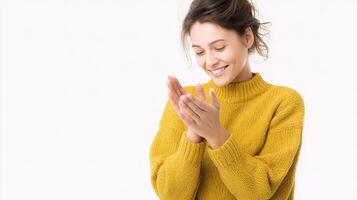 A woman in a yellow sweater is clapping her hands photo