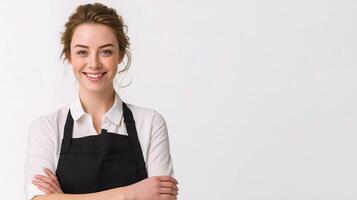 A woman in apron posing for the camera photo