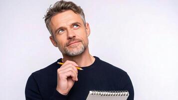 A man with a beard and a notebook looking up photo