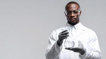 A black man in a lab coat holding a glass flask photo