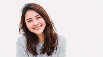 A woman smiling while sitting on a chair photo