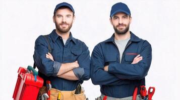 Two men in work clothes standing next to each other photo