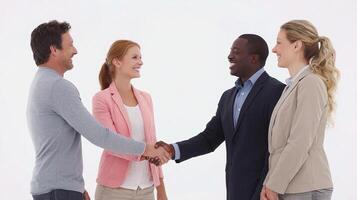 Three business people shaking hands in front of a white background photo