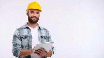 A man in a hard hat holding a tablet computer photo