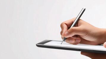 A person is writing on a tablet with a pen photo