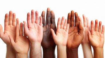 Many different colored hands reaching up to the sky photo