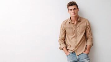 A man in a tan shirt and jeans photo