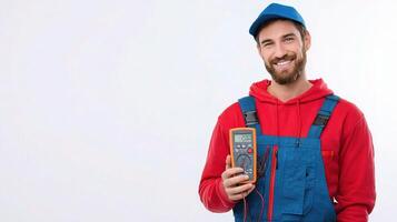 A man in overalls holding a digital multimeter photo