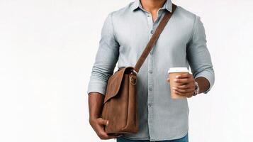 A man holding a coffee and a leather bag photo