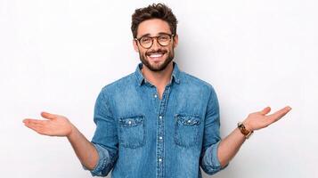 A man with glasses and a denim shirt is holding something up photo