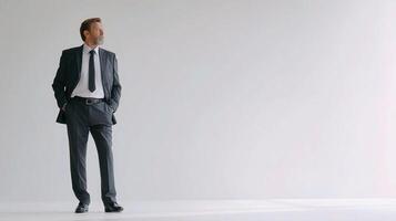 A man in a suit standing in front of a white wall photo