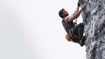A man is climbing on a rock wall photo