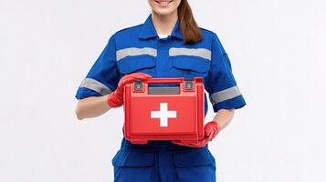 A woman in a blue uniform holding a first aid kit photo