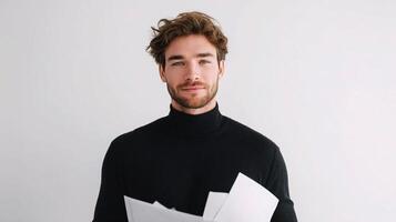 A man in a black sweater holding papers photo