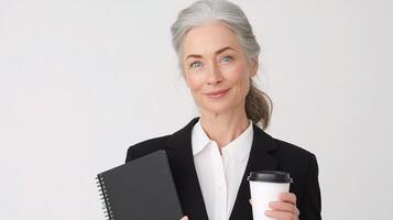 A woman in a business suit holding a coffee cup and notebook photo