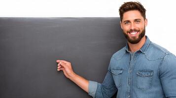 A man is standing in front of a blackboard photo