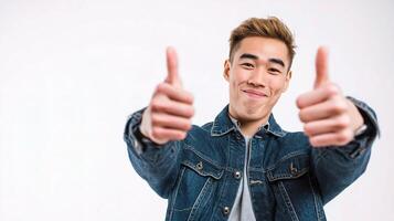 A young man in a denim jacket giving the thumbs up photo