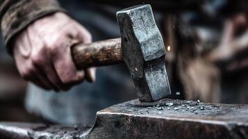 A person is holding a hammer on a blacksmith's anvil photo