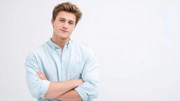 A young man in a blue shirt is standing with his arms crossed photo