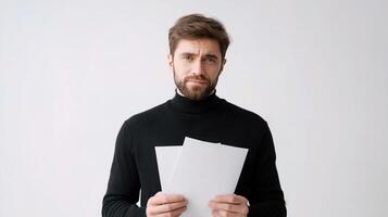A man is holding a blank piece of paper photo