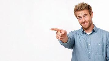 A man pointing at something on a white background photo