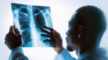 A man is holding up an x - ray image of his chest photo