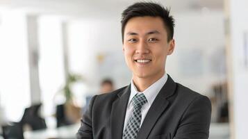 Asian businessman smiling in office photo