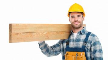 A man in overalls holding a wooden plank photo