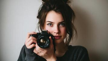A woman holding a camera while looking at the camera photo