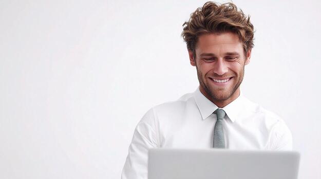 A smiling man in a shirt and tie using a laptop photo