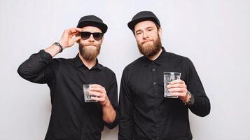 Two men with beards holding glasses photo