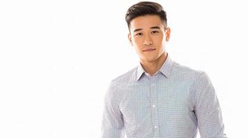A man in a blue and white checked shirt photo