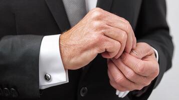 A man in a suit is putting on his cuff links photo