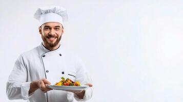 A man in a chef hat holding a plate with food photo