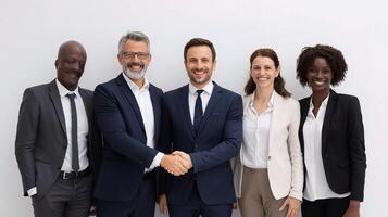 Business people shaking hands in front of white wall photo